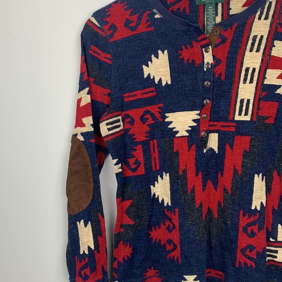 Lauren Ralph Lauren Jeans Southwestern Henley Shirt Elbow Patches Medium Petite - Picture 2 of 7